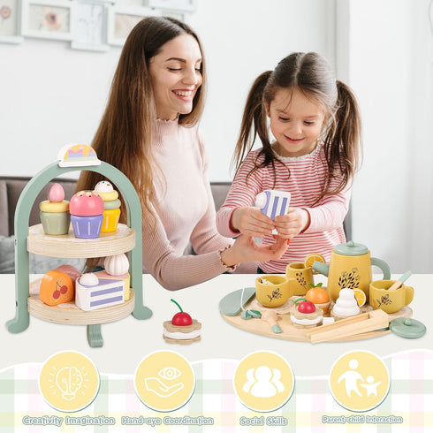 Set Set 2 3 4 5 6 Wooden Tea Party for Little Girls, Toddler Tea with Cupcake Stand & Food Dessert, Pretend Play Food