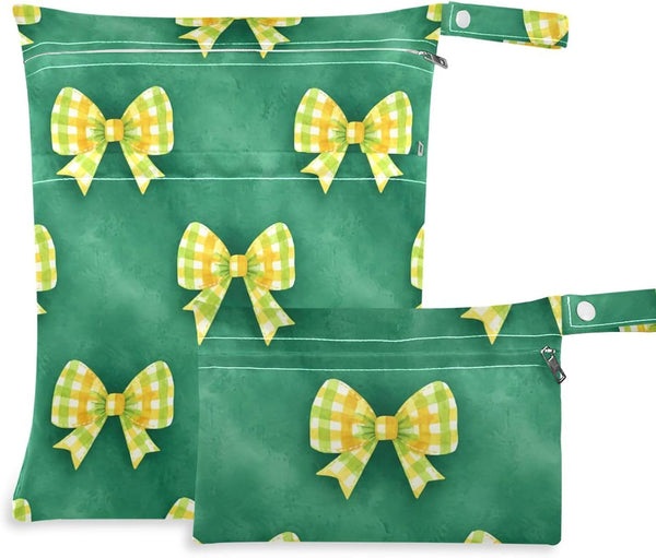 Burbuja Green Yellow Bows Wet Dry Bags for Baby Cloth Diaper 2 Pack,