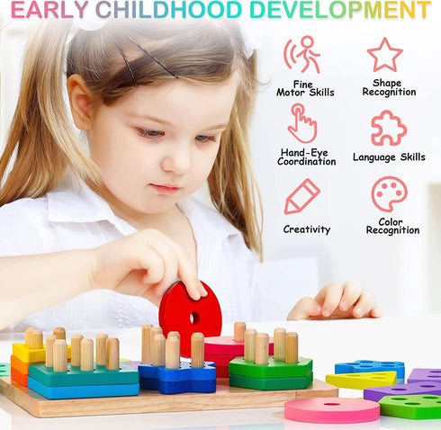 1 2 3 24-Piece 12 12+ Wooden Sorting & Stacking Toys, Montessori Toys for Years Old Toddlers, Shape Sorter Puzzles