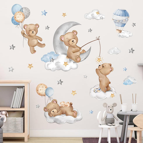 decalmile Bear Sleeping on The Moon Wall Decals Hot Air Balloon Animals Clouds Wall Stickers Baby Nursery Kids Bedroom