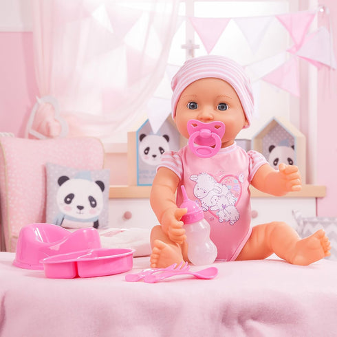 Bayer Design Piccolina 16" Newborn Baby Doll - Pink Sheep with Potty Training Functions and Feeding Accessories