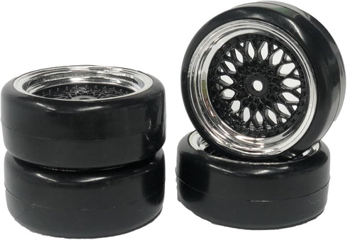 4PCS 1/10 RC Drift Car Tires, Smooth Hard Tyre Plastic Plating Wheel Rims Set for Traxxas HSP Tamiya HPI Kyosho On-Road