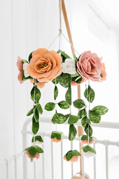 Baby Crib Mobile Wooden Hanging Nursery Baby Mobile for Crib, Handmade Floral Nursery Decor for Girls, Perfect Shower