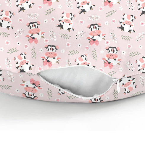 Cute Cow Pink Bows Baby Nursing Pillow Covers for Boy Girl Cartoon Cows with Flowers Leaves Nursing Pillowcase