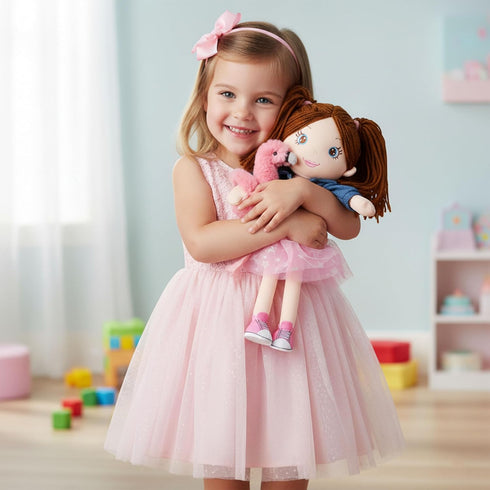 15" 1 June Garden Playmate Buddies - Plush Doll Mia with Her Stuffed Animal Companion Flamingo Rosie for Kids Year