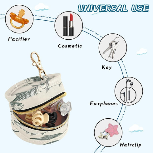 YETTASBIN Fish Portable Pacifier Holder Case with Metal Hook Buckle & Zipper for Diaper Bag and Stroller, Versatile