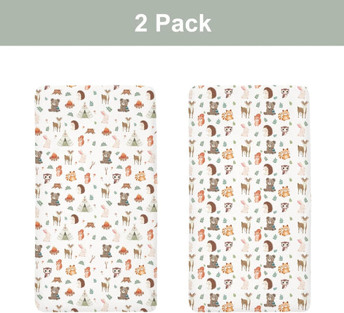 ZoUbqchY 52x28In 2 Pack Camping Animals Baby Crib Sheets for Boy Girl Bear Deer Raccoon Squirrel Bunny Hedgehog Owl