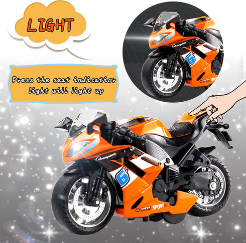 Toy Motorcycles, Diecast Motorcycle Toy with Music Lighting for Kids Age 3-5, Orange Toy Motorcycle for Boys