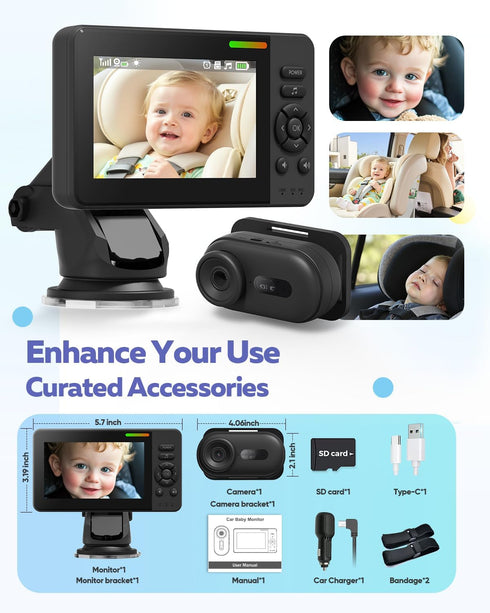 Elzeeo 1080P 32H Setup Wireless Baby Car Camera with Advanced Night Vision and Battery, No Wi-Fi Needed Easy Car Baby