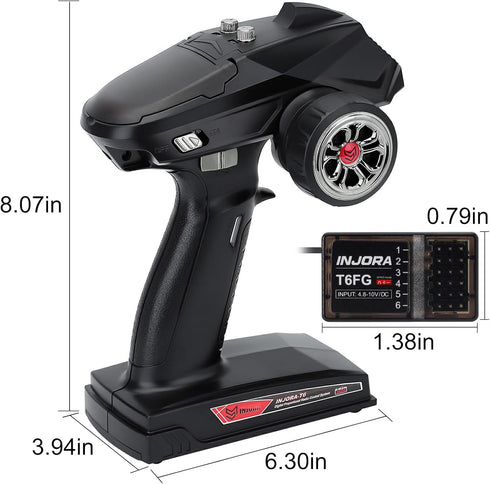 2.4GHz 6CH 1/8 1/10 TRX4 SCX10 Parts(T6FG) INJORA RC Transmitter Controler and Receiver with Gyro Remote Inside