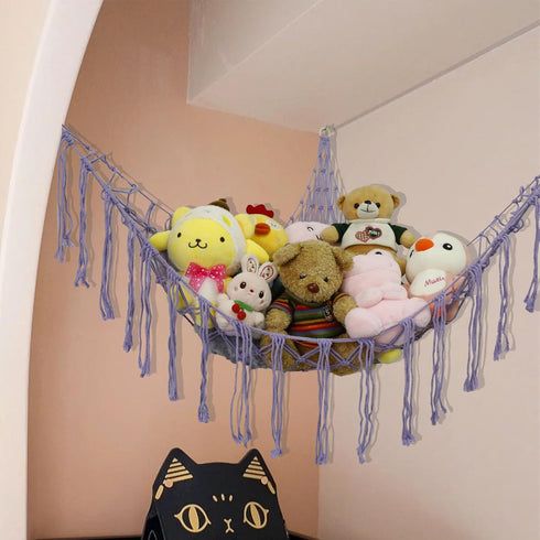 Boho Stuffed Animals Net Hammock, 55 Inch Toy Storage Corner Hanging Net Holder, Purple