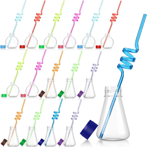 Tanlade 32 Pieces Science Party Theme Cups Set with Plastic Reusable Conical Flask Bottles, Silly Loop Straws