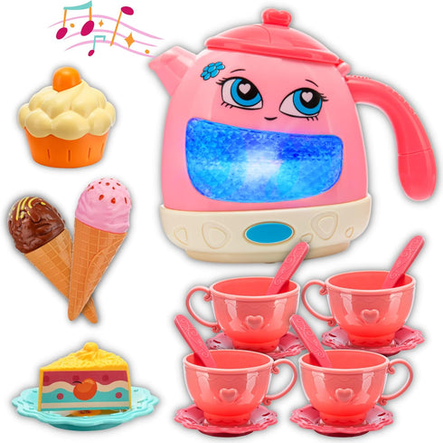 Set Set playset 3-8 Tea Party for Little Girls- Musical Teapot Lights up with Songs & Sounds -Interactive Tea