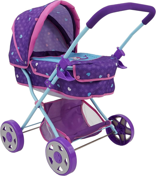 509 Crew Mermaid Doll Pram - Kids Pretend Play with Retractable Canopy, Shopping Basket & Removable Carry Cot