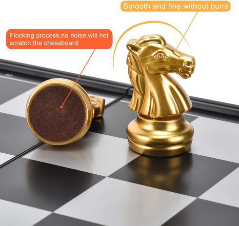 3 in 1 Magnetic Chess Checkers Backgammon Set, Folding Travel Games for Kids and Adults (Chess: Gold & Silver)
