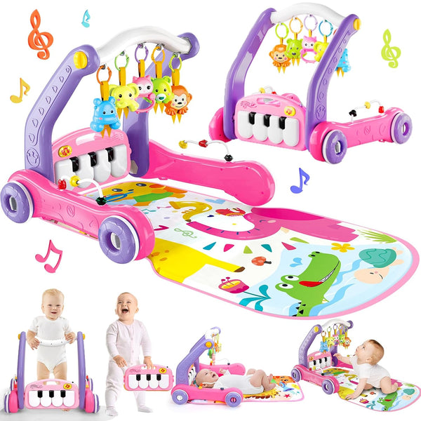 4-in-1 Baby Gym Play Mat with Learning Walker, Tummy Time Mat &