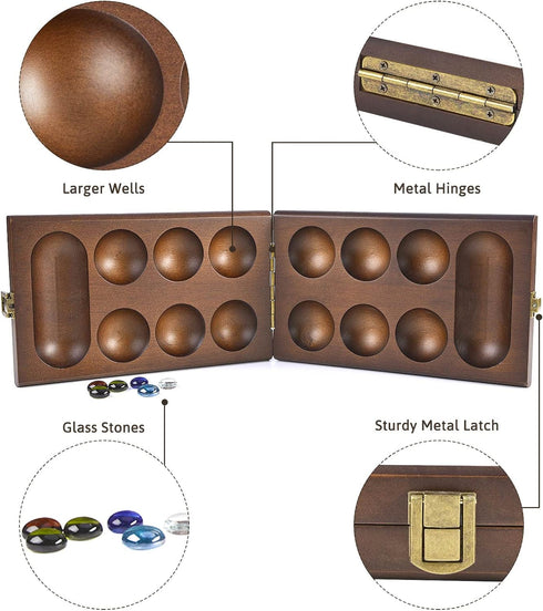 AMEROUS Wooden Mancala Board Game Set with 72+8 Bonus Multi Color Glass Stones - Classic Family Game