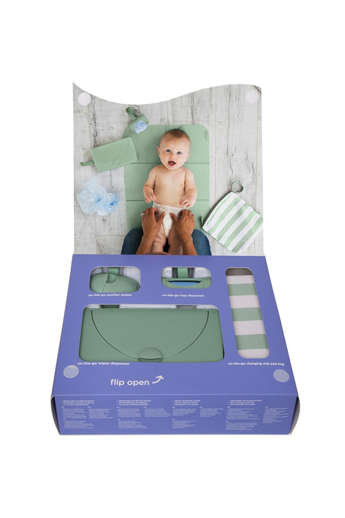 Set, Ubbi On-the-Go Diapering Gift Includes Changing Mat and Bag, Wipes Dispenser, Pacifier Holder and Bag Dispenser