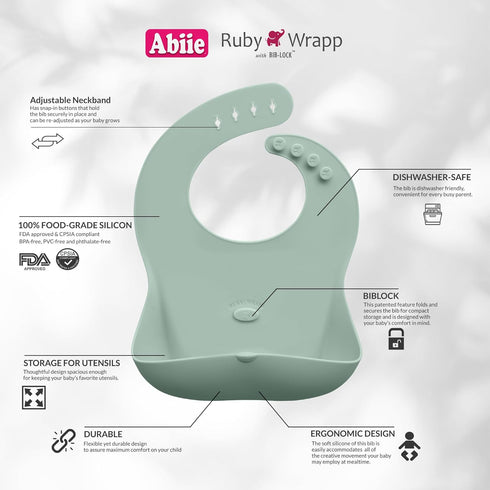 Abiie Ruby Wrapp Silicone Bibs for Babies with Front Pocket, Waterproof and Stain Resistant