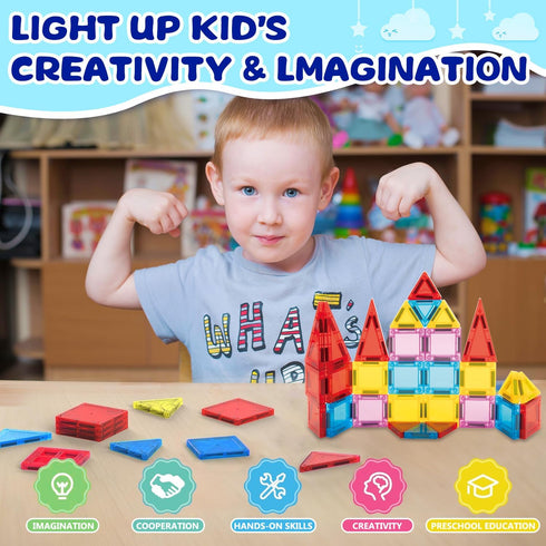 Set, 3+, 32 Mini Magnetic Tiles for Kids, Magnetic Building Construction STEM Travel Toys for Boy Girl Ages Montessori