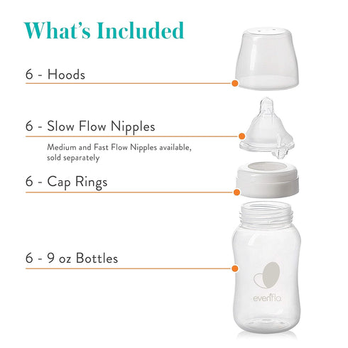 9 (Pack 6) Evenflo Feeding Premium Proflo Venting Balance Plus Wide Neck Baby, Newborn and Infant Bottles - Helps