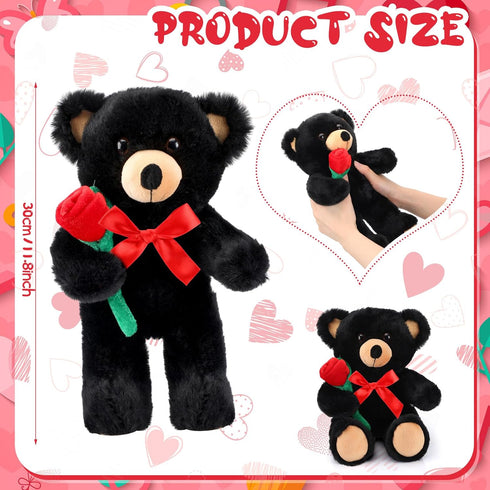 Black Bear Plush Stuffed Animal, 11.8 Inches Black Bear with Rose, Cute Gifts for Kids Toddler Girlfriend