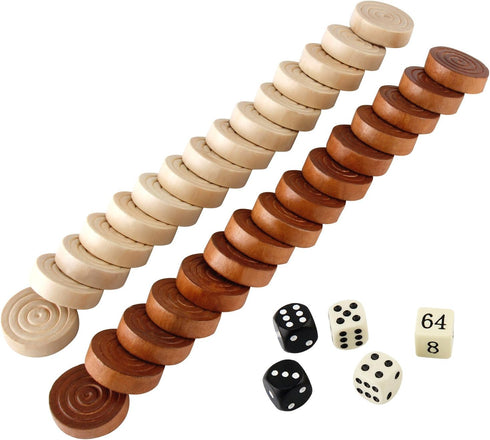 Amerous Thread Wooden Checkers Pieces with Drawstring Bag - Nature Wood Backgammon Pieces, 5 Dices Included
