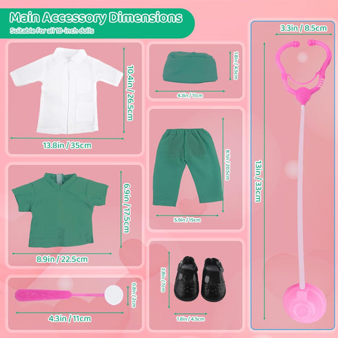 Doll Doctor Outfits and Medical Kit Accessories for 18 Inch Dolls, White Coat, Green Scrubs, Playset