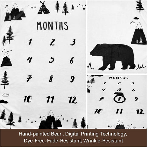 Baby Monthly Milestone Blanket Boy, Bear Newborn Month Blanket, Unisex Neutral Photography Prop