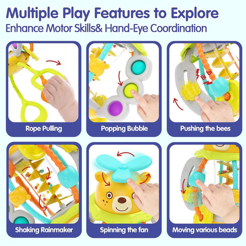 HOLA Montessori Toys for 1 Year Old Boy - Rattle Teething Toys for 0-12 Months, Silicone Pull String Sensory Toys