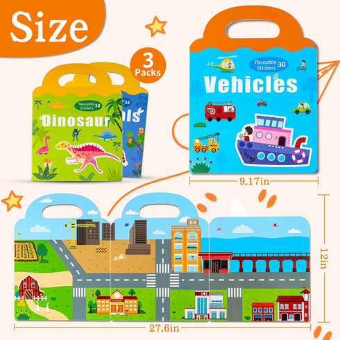 pinkking 3 Pack 3-6, 3 Magnetic Reusable Sticker Book for Kids Ages Vehicles, Farmhouse Animal, Dinosaur, Hot Topics