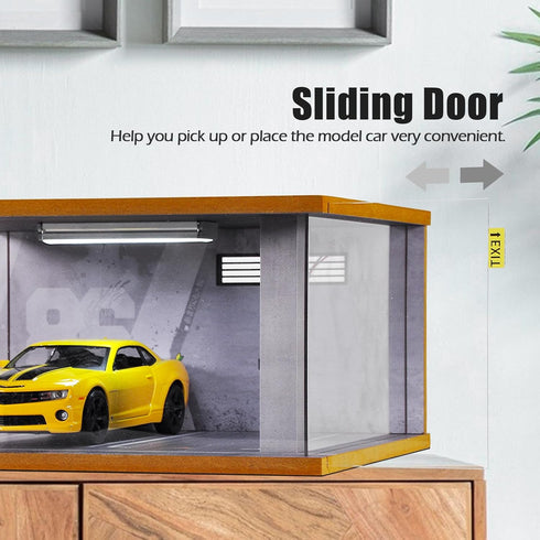 1/24 Scale Wooden Parking Garage Display Case for Diecast Cars with LED Light and Acrylic Cover