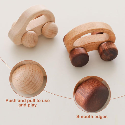 Wooden Baby Car Toys - Montessori Push Car for Toddlers, 2 Pieces, Gifts for Boys and Girls, Push and Pull Toy