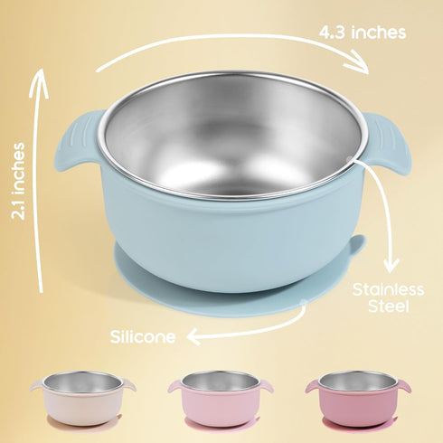 3 Pack, 4.3 Bellas Friends Stainless Steel and Silicone Baby Bowls with Suction for Toddlers Kids Feeding, Non-Slip