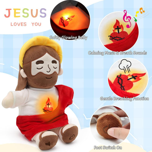 15" Yelakey Soothing Jesus Plush Toys with Light & Sound, Jesus Stuffed Breathing Plushy Doll, Christian Catholic