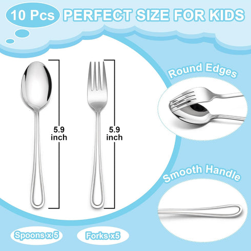 E-far 10-Piece Toddler Utensils, Kid Stainless Steel Silverware Set, Children Safe Forks and Spoons Set for Self Feeding, Healthy & Non-Toxic, Mirror Polished & Easy to Clean by E-far