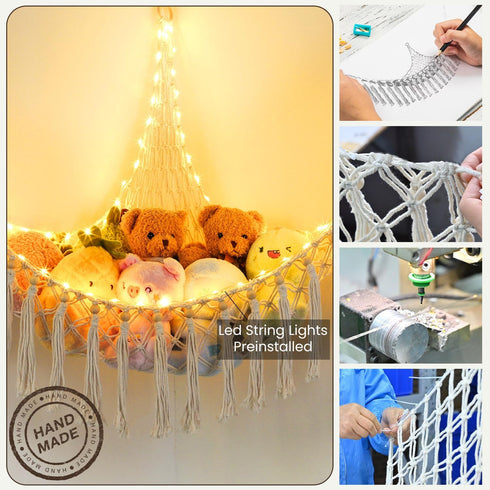 Hammock 75LEDs, 55in Hammock, Hammock Stuffed Animal with Extra Large Toy Storage Macrame Hanging Toy Net for Kids