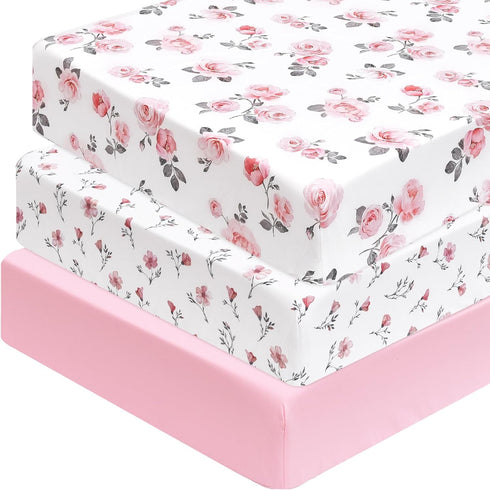 PHF 3 Pack Soft Rose Floral Crib Sheets Fitted, Silky Comfy Breathable