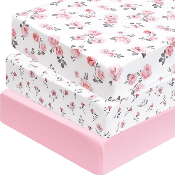 PHF 3 Pack Soft Rose Floral Crib Sheets Fitted, Silky Comfy Breathable