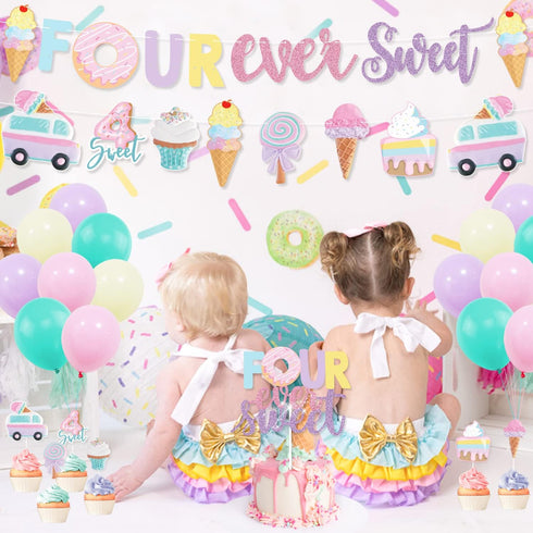 Four Ever Sweet Ice Cream Donut Party Decorations | Banner, Cake, Cupcake Toppers, Macaron, Balloons for Kids' Party