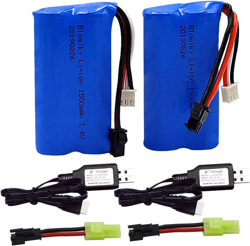 Blomiky 2 Pack H101 7.4V 2S 15C 1500mAh Battery with SM 2P Plug and USB Charger Cable for H101 Remote Control RC Boat