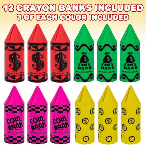 Set 12, 4 6 Inch ArtCreativity Crayon Piggy Bank for Kids, of Fun Money Saving Coin Banks for Loose Change, Vibrant