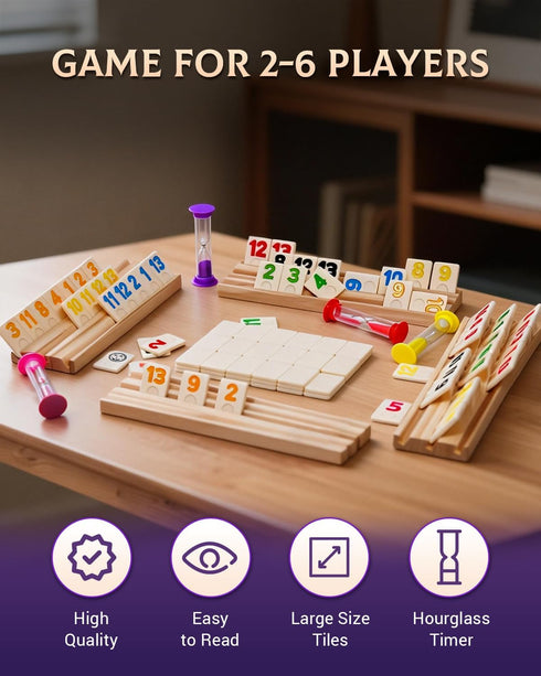 Rummy 2-6 6 6 160 KAILE Cube for Players with Wooden Racks, Hourglass, Large Number Tiles, Classic Family Board Game