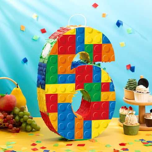 Number 6 Building Blocks Piñata, 16.5 Inch Party Supplies for 6th Birthday Decorations, Confetti Blocks Theme