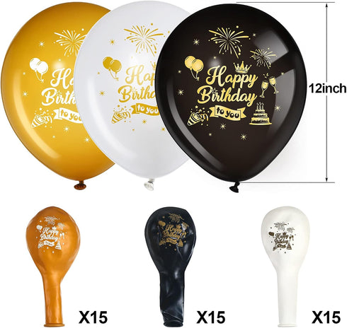 45 Pieces 12 Inch Happy Birthday Balloons, Black Gold White Latex Balloons for Birthday Anniversary Party Decoration