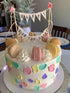 Happy Birthday Cake Bunting Topper Garland, Handmade Pennant Flags with Wood Pole in Ivory (With Pink Rose)