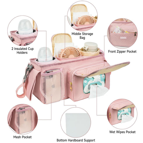 ZIOZERTT Universal Stroller Organizer with Insulated Cup Holders,Large Capacity Non-Slip Stroller Caddy Bag Fits