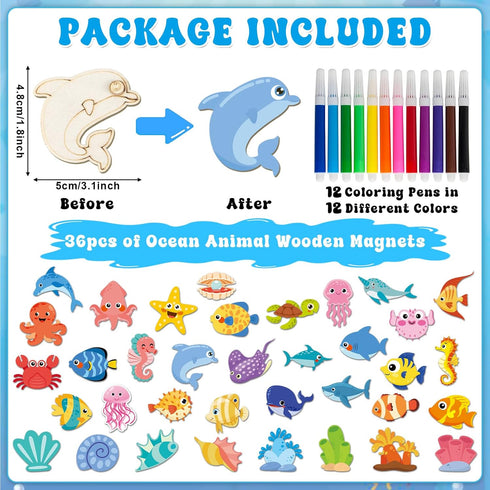 36Pcs 4-8 8-12 gisgfim Wooden Magnet Painting Craft Kit DIY Wooden Ocean Animal Magnets Coloring Arts Crafts for Kids