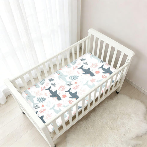 miaozhen 1 Pack 52x28 Cotton Baby Crib Sheets Comfy Breathable Cute Cartoon Tropical Shark White Toddler Mattresses