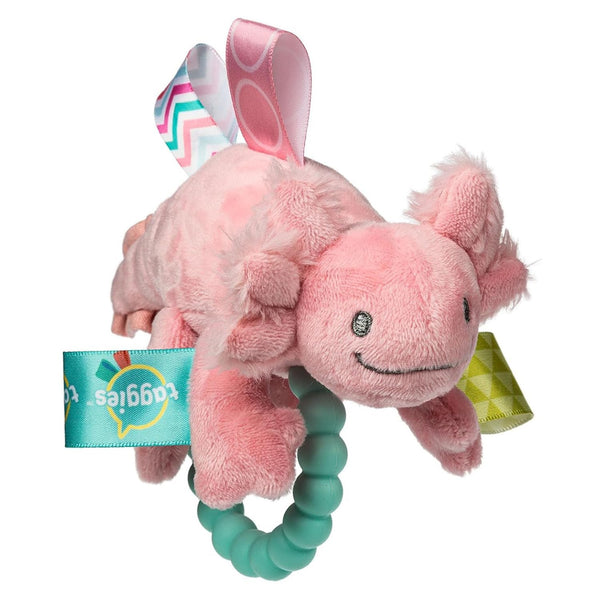 Soft Baby Rattle with Soothing Teether Ring, Sensory Tags, 6-Inches, Lizzy Pink Axolotl